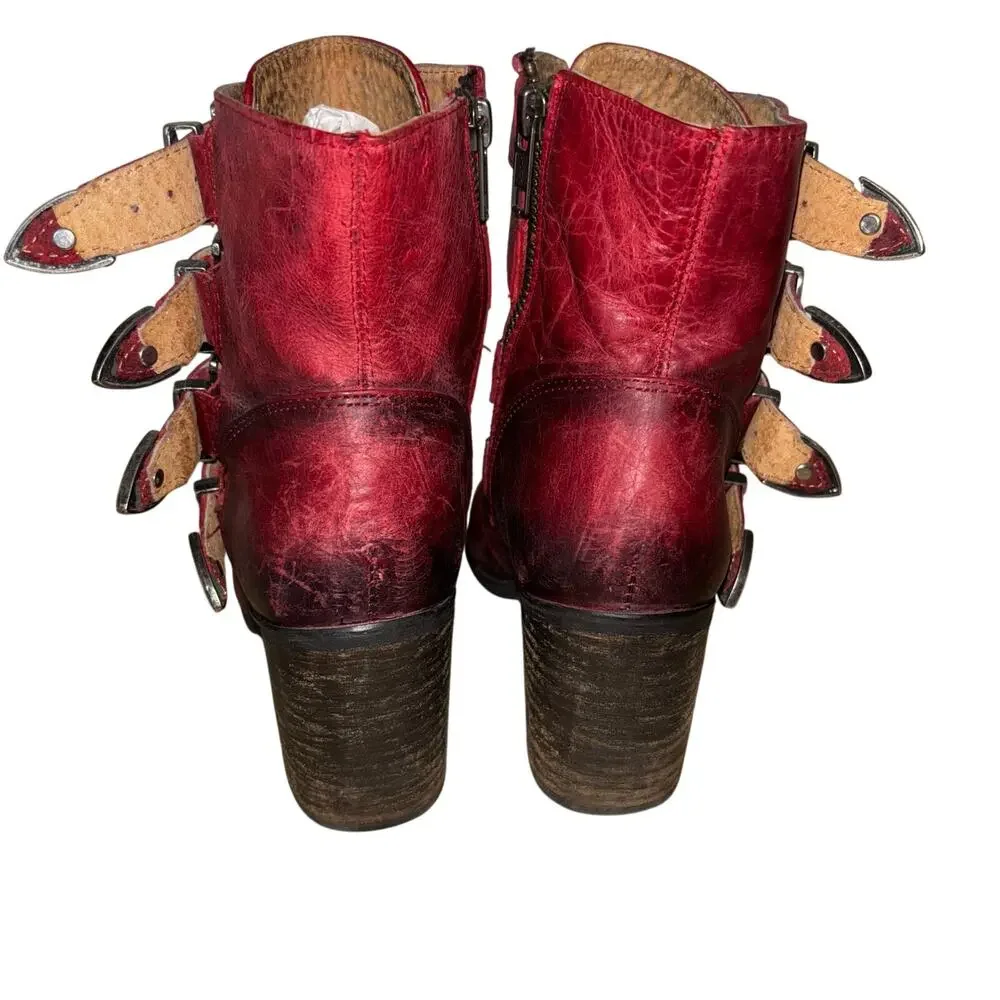 Circle G Women’s 7 Red Leather Ankle Boots Western Buckle Booties Made In Mexico - Picture 4 of 9